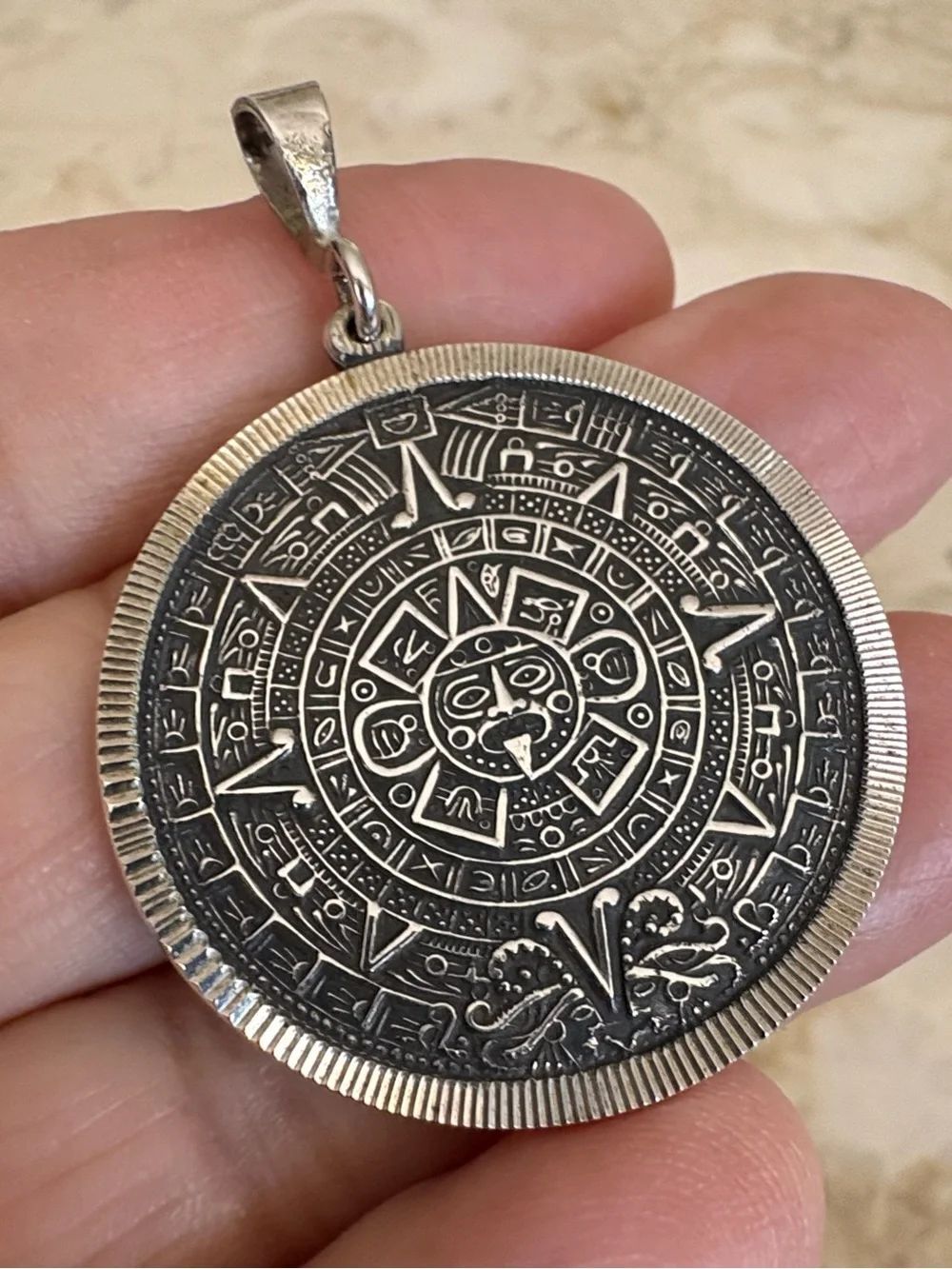 Sterling Silver Aztec Sun Calendar Pendant | Vintage Mexican Calendar Medallion